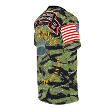 Load image into Gallery viewer, Unisex AOP Tee - F Company, 425th Long Range Surveillance (RANGER) - Military Tiger Stripe Jungle Camouflage w Jumpmaster Wing