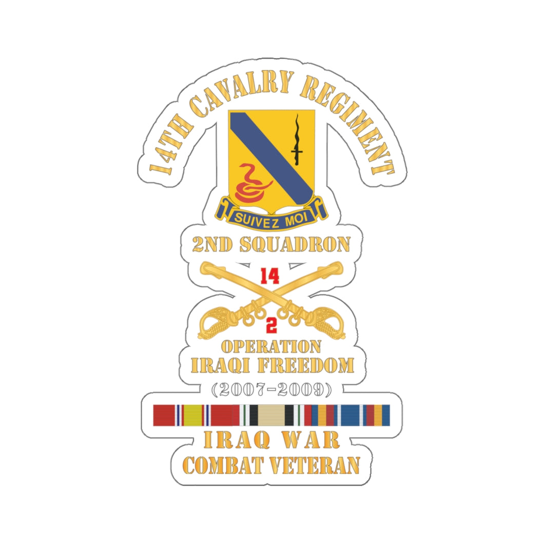 Kiss-Cut Stickers - Army - 14th Cavalry Regiment w Cav Br - 2nd Squadron - OIF - 2007 2009 - Red Txt Cbt Vet w IRAQ SVC X 300