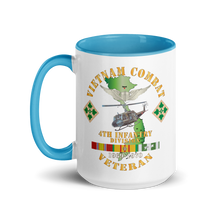 Load image into Gallery viewer, White Ceramic Mug with Color Inside - Army - Vietnam Combat Veteran w Aviator Badge - Plei D’jerang, RVN- 4th ID SSI V1 X 300