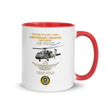 Load image into Gallery viewer, White Ceramic Mug with Color Inside - Army - US Army - LTC Jim Gross - Retired - Aviator Helmet UH 60 Blackhawk - Soldier for Life - 1966-2003 - V1 X 300
