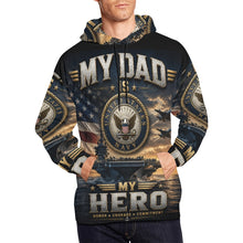 Load image into Gallery viewer, AOP Hoodie - My dad is my Hero - Navy Men's All Over Print Hoodie (USA Size) (Model H13)
