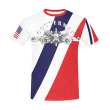 Load image into Gallery viewer, Men's All Over Print Crew Neck T-Shirt - Tribute Tee - USCG - Cutterman Badge - Enlisted - Silver w Top Txt
