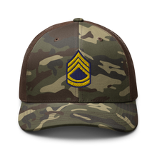 Load image into Gallery viewer, Camouflage trucker hat - Army - Enlisted - Sergeant First Class - SFC - Blue X 300