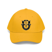 Load image into Gallery viewer, Unisex Twill Hat - 1st Special Forces Group (SFG) (Airborne) Crest YELLOW "1" - Direct to Garment (DTG) - Printed