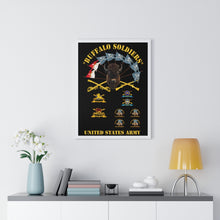 Load image into Gallery viewer, Premium Framed Vertical Poster - Buffalo Soldiers - Infantry - Cavalry Guidons with Buffalo Head and Unit Crests - US Army