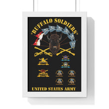 Load image into Gallery viewer, Premium Framed Vertical Poster - Buffalo Soldiers - Infantry - Cavalry Guidons with Buffalo Head and Unit Crests - US Army