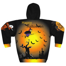 Load image into Gallery viewer, AOP Unisex Pullover Hoodie - Happy Halloween - Flying Witch with Pumpkins and multiple Scenes - Trick or Treet