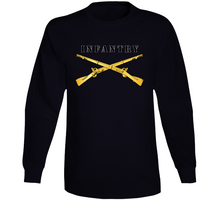 Load image into Gallery viewer, Army - Infantry Br - Crossed Rifles W Blk Txt White Outline Long Sleeve