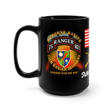 Load image into Gallery viewer, Black Mug 15oz - SOF - 75th Ranger Regiment - Airborne Ranger with 3 Ranger Jumpers and Unit Crest and Sua Sponte
