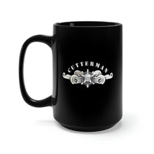 Load image into Gallery viewer, Black Mug 15oz - USCG - Cutterman Badge - Enlisted - Silver w Top Txt