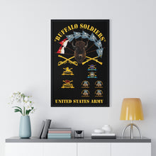 Load image into Gallery viewer, Premium Framed Vertical Poster - Buffalo Soldiers - Infantry - Cavalry Guidons with Buffalo Head and Unit Crests - US Army