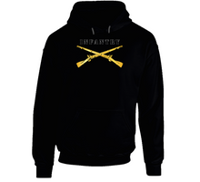 Load image into Gallery viewer, Army - Infantry Br - Crossed Rifles W Blk Txt White Outline Hoodie