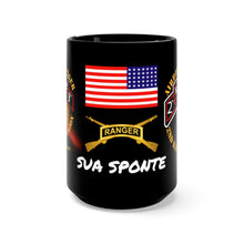 Load image into Gallery viewer, Black Mug 15oz - SOF - 2nd Ranger Battalion - Airborne Ranger with 3 Ranger Jumpers and Unit Crest