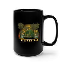 Load image into Gallery viewer, Black Mug 15oz - Vietnam Era Helmet Cover - Band - Front - War is Hell w Jungle - Fire w Txt X 300