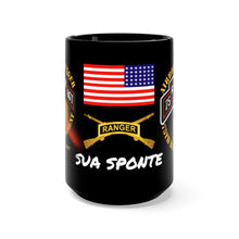 Load image into Gallery viewer, Black Mug 15oz - SOF - 75th Ranger Regiment - Airborne Ranger with 3 Ranger Jumpers and Unit Crest and Sua Sponte