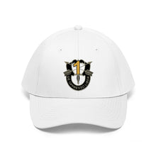 Load image into Gallery viewer, Unisex Twill Hat - 1st Special Forces Group (SFG) (Airborne) Crest YELLOW "1" - Direct to Garment (DTG) - Printed