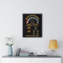 Load image into Gallery viewer, Premium Framed Vertical Poster - Buffalo Soldiers - Infantry - Cavalry Guidons with Buffalo Head and Unit Crests - US Army