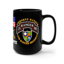 Load image into Gallery viewer, Black Mug 15oz - SOF - 75th Ranger Regiment - Airborne Ranger with 3 Ranger Jumpers and Unit Crest and Sua Sponte