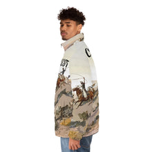 Load image into Gallery viewer, Men's Puffer Jacket (AOP) - Old West Cowboys Wrangling the Herd w Text