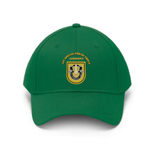 Load image into Gallery viewer, Unisex Twill Hat - 1st Special Forces Group (SFG) (Airborne) Flash with Crest with Text - Direct to Garment (DTG) - Printed