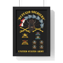 Load image into Gallery viewer, Premium Framed Vertical Poster - Buffalo Soldiers - Infantry - Cavalry Guidons with Buffalo Head and Unit Crests - US Army