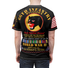 Load image into Gallery viewer, Unisex AOP Cut & Sew Tee - 66th Infantry Div - Black Panther Div - WWII w SS Leopoldville w EU SVC - SSG Donald G Meyers