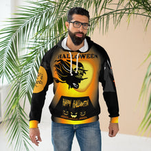 Load image into Gallery viewer, AOP Unisex Pullover Hoodie - Happy Halloween - Flying Witch with Pumpkins and multiple Scenes - Trick or Treet