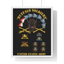 Load image into Gallery viewer, Premium Framed Vertical Poster - Buffalo Soldiers - Infantry - Cavalry Guidons with Buffalo Head and Unit Crests - US Army