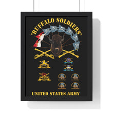 Load image into Gallery viewer, Premium Framed Vertical Poster - Buffalo Soldiers - Infantry - Cavalry Guidons with Buffalo Head and Unit Crests - US Army
