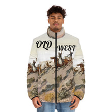 Load image into Gallery viewer, Men's Puffer Jacket (AOP) - Old West Cowboys Wrangling the Herd w Text