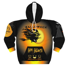 Load image into Gallery viewer, AOP Unisex Pullover Hoodie - Happy Halloween - Flying Witch with Pumpkins and multiple Scenes - Trick or Treet