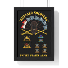 Load image into Gallery viewer, Premium Framed Vertical Poster - Buffalo Soldiers - Infantry - Cavalry Guidons with Buffalo Head and Unit Crests - US Army