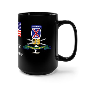 Black Mug 15oz - Army - 10th Mountain Division - Climb to Glory - REFORGER 90, Centurion Shield  - Cold War Service Ribbons