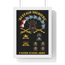 Load image into Gallery viewer, Premium Framed Vertical Poster - Buffalo Soldiers - Infantry - Cavalry Guidons with Buffalo Head and Unit Crests - US Army