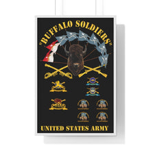 Load image into Gallery viewer, Premium Framed Vertical Poster - Buffalo Soldiers - Infantry - Cavalry Guidons with Buffalo Head and Unit Crests - US Army