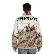 Load image into Gallery viewer, Men's Puffer Jacket (AOP) - Old West Cowboys Wrangling the Herd w Text