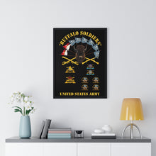 Load image into Gallery viewer, Premium Framed Vertical Poster - Buffalo Soldiers - Infantry - Cavalry Guidons with Buffalo Head and Unit Crests - US Army