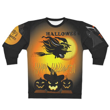 Load image into Gallery viewer, AOP Unisex Sweatshirt - Happy Halloween - Flying Witch with Multiple Halloween Scenes