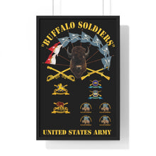 Load image into Gallery viewer, Premium Framed Vertical Poster - Buffalo Soldiers - Infantry - Cavalry Guidons with Buffalo Head and Unit Crests - US Army