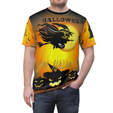 Load image into Gallery viewer, Unisex AOP Cut & Sew Tee - Happy Halloween - Flying Witch with Pumpkins and multiple Scenes - Trick or Treet