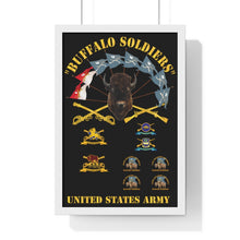 Load image into Gallery viewer, Premium Framed Vertical Poster - Buffalo Soldiers - Infantry - Cavalry Guidons with Buffalo Head and Unit Crests - US Army