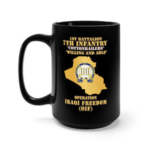 Load image into Gallery viewer, Black Mug 15oz - Army - 1st Bn 7th Infantry Regt - Cottonbailers - WIlling and Able - OIF w Map X 300