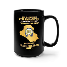 Load image into Gallery viewer, Black Mug 15oz - Army - 1st Bn 7th Infantry Regt - Cottonbailers - WIlling and Able - OIF w Map X 300