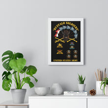 Load image into Gallery viewer, Premium Framed Vertical Poster - Buffalo Soldiers - Infantry - Cavalry Guidons with Buffalo Head and Unit Crests - US Army