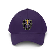 Load image into Gallery viewer, Unisex Twill Hat - 1st Special Forces Group (SFG) (Airborne) Crest YELLOW "1" - Direct to Garment (DTG) - Printed