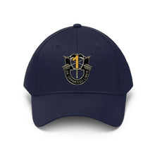 Load image into Gallery viewer, Unisex Twill Hat - 1st Special Forces Group (SFG) (Airborne) Crest YELLOW "1" - Direct to Garment (DTG) - Printed
