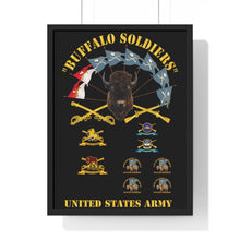Load image into Gallery viewer, Premium Framed Vertical Poster - Buffalo Soldiers - Infantry - Cavalry Guidons with Buffalo Head and Unit Crests - US Army