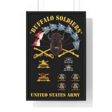 Load image into Gallery viewer, Premium Framed Vertical Poster - Buffalo Soldiers - Infantry - Cavalry Guidons with Buffalo Head and Unit Crests - US Army