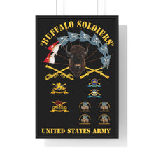 Load image into Gallery viewer, Premium Framed Vertical Poster - Buffalo Soldiers - Infantry - Cavalry Guidons with Buffalo Head and Unit Crests - US Army