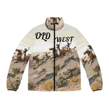 Load image into Gallery viewer, Men's Puffer Jacket (AOP) - Old West Cowboys Wrangling the Herd w Text